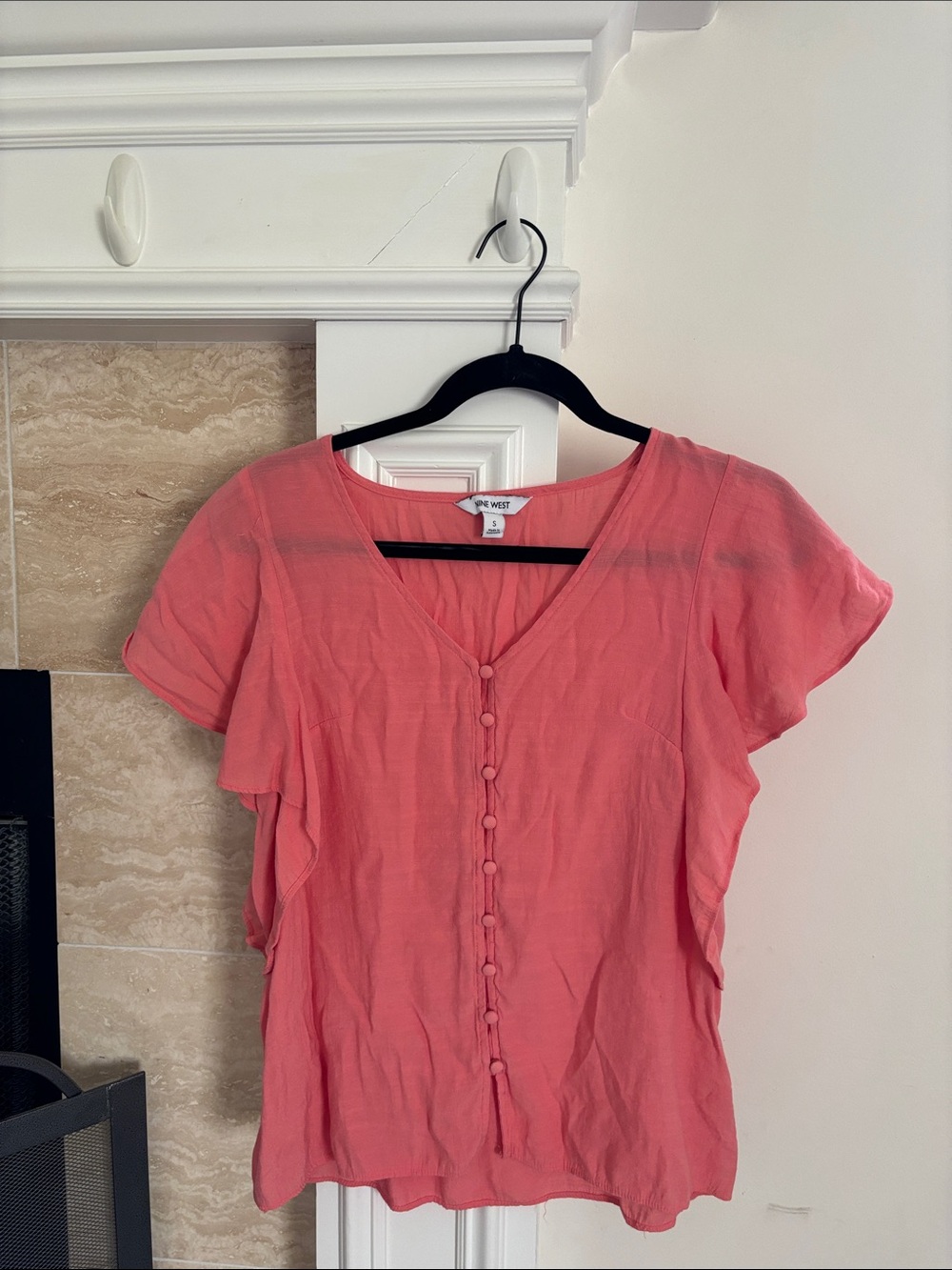 Nine West Coral V-Neck Button Front Ruffle Sleeve Blouse